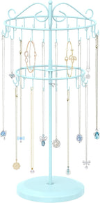 iDavosic.ly 2 Tier Rotating Necklace Holder Organizer with 42 Hooks, Adjustable Metal Bracelet Display Stand Rack, Extra Tall Keychain Spinning Tree Tower for Women, Blue