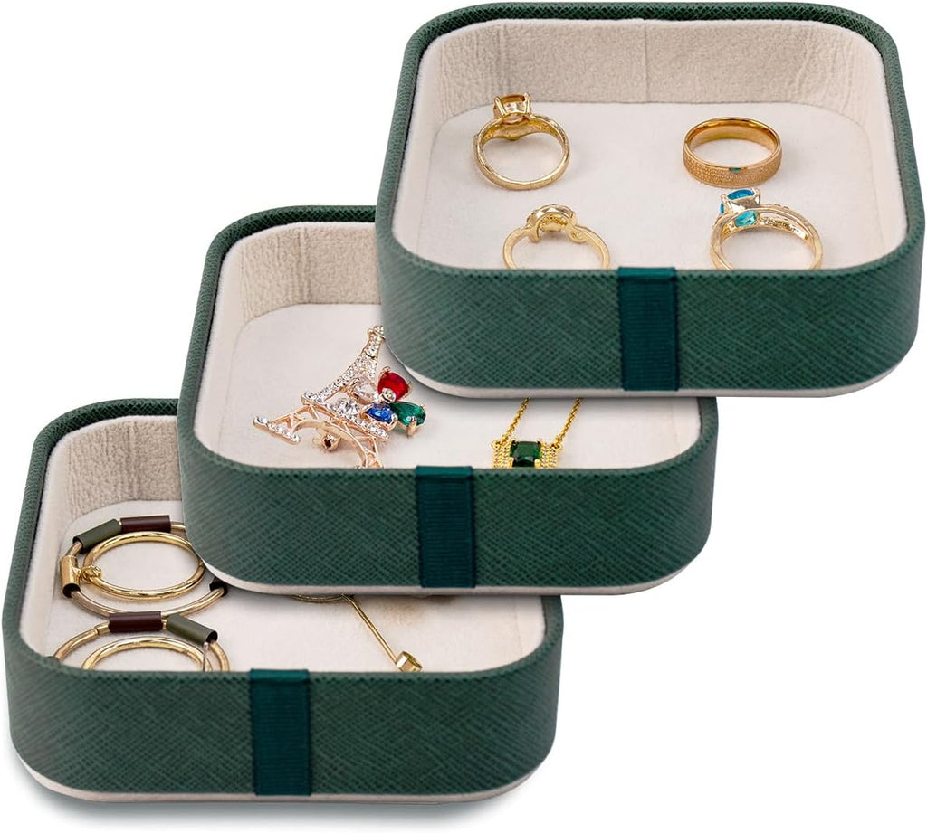 SANQIANWAN Set of 3 Small Stackable Jewelry Organizer Trays Mini Jewelry Drawer Oragnizer Small Jewelry Display Tray for Necklace Bracelet Rings Earrings and Makeup (DarkGreen)