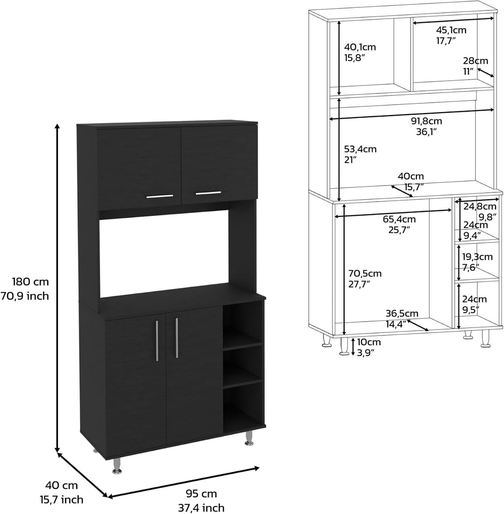 Kitchen Pantry Double Door Cabinet, Four Legs, Three Shelves, Black ﻿,for Kitchen