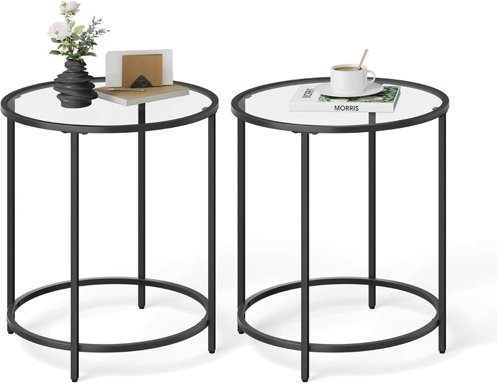 VASAGLE Round Side Tables, Set of 2, Glass End Tables with Metal Frame
