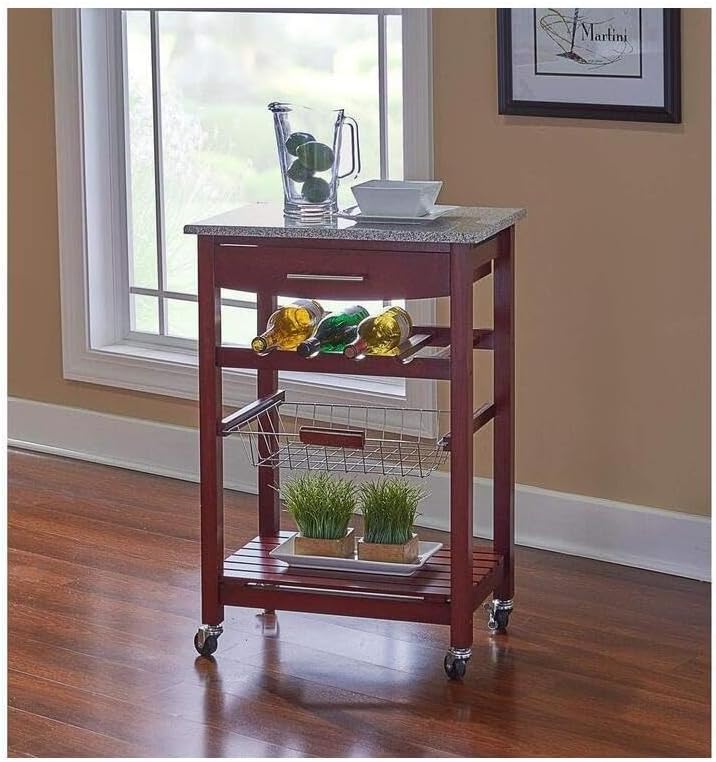 HomeStock Kitchen Island Cart with Granite Top - Rolling Kitchen Island Modern Kitchen Storage, Elegant Wooden Cart