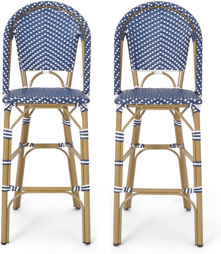 Saiveina 29.5" Outdoor PE Rattan French Barstool, White and Black, Alumi...