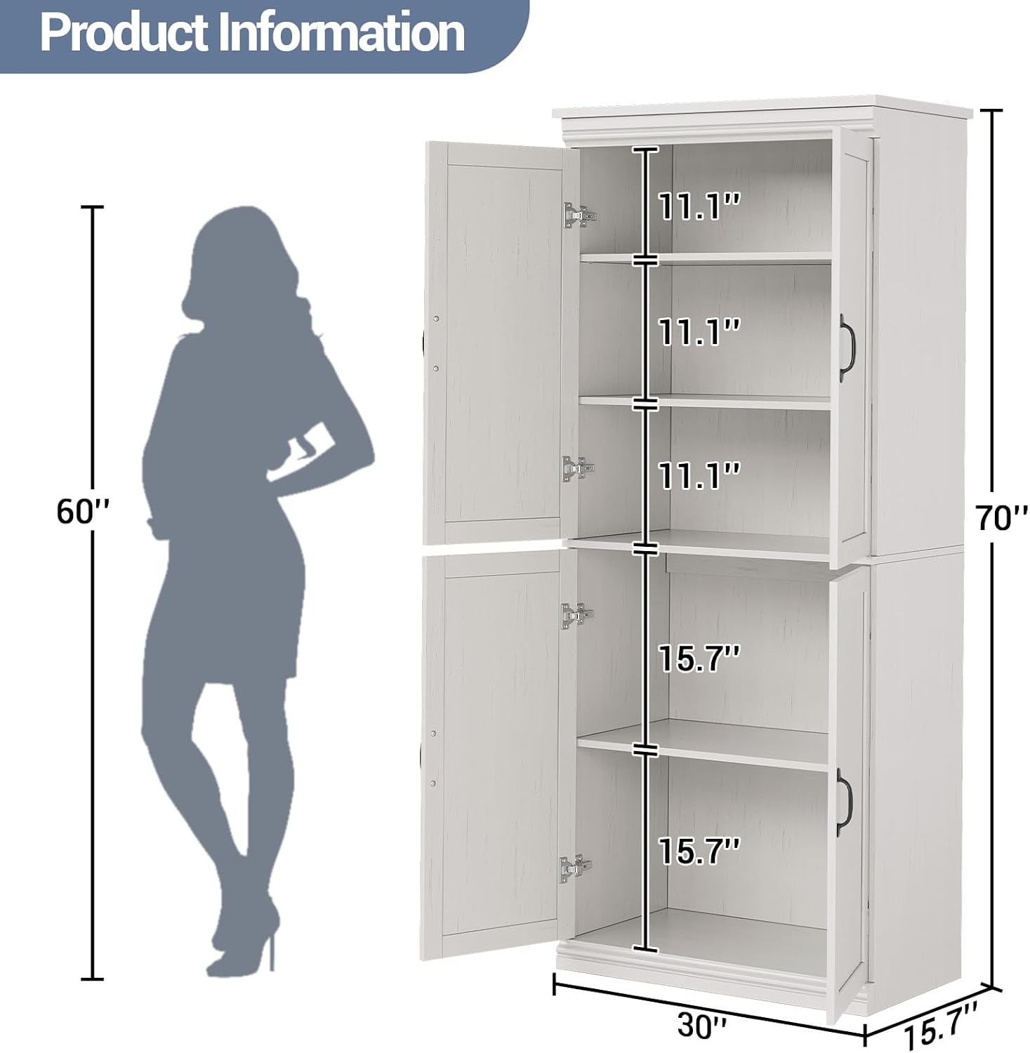 70 Inch Tall Pantry Cabinet, Wood Kitchen Storage Cabinet with 4 Doors & Adjustable Shelves, Modern White Pantry Organizer Cupboard for Dining Room, Living Room