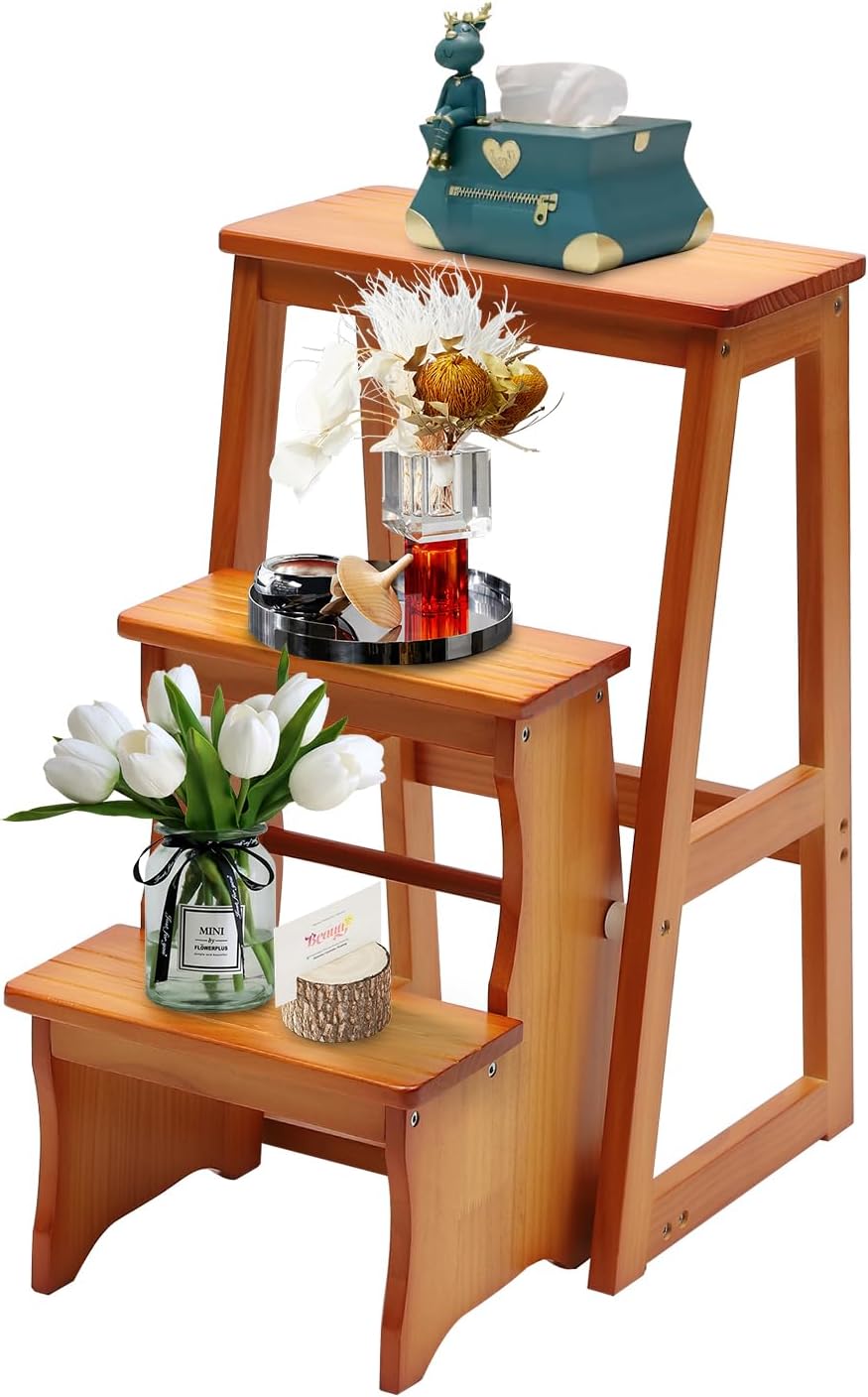 Folding Library Ladder Chair - Lightweight Portable 3-Step Stool, Display Stand and Flower Stand Multifunctional Stepladder for Home Kitchens and Garages (Honey)