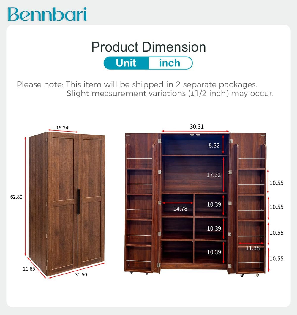 62.8" Tall Kitchen Pantry Cabinet with Shelves and Door Racks, Freestand...
