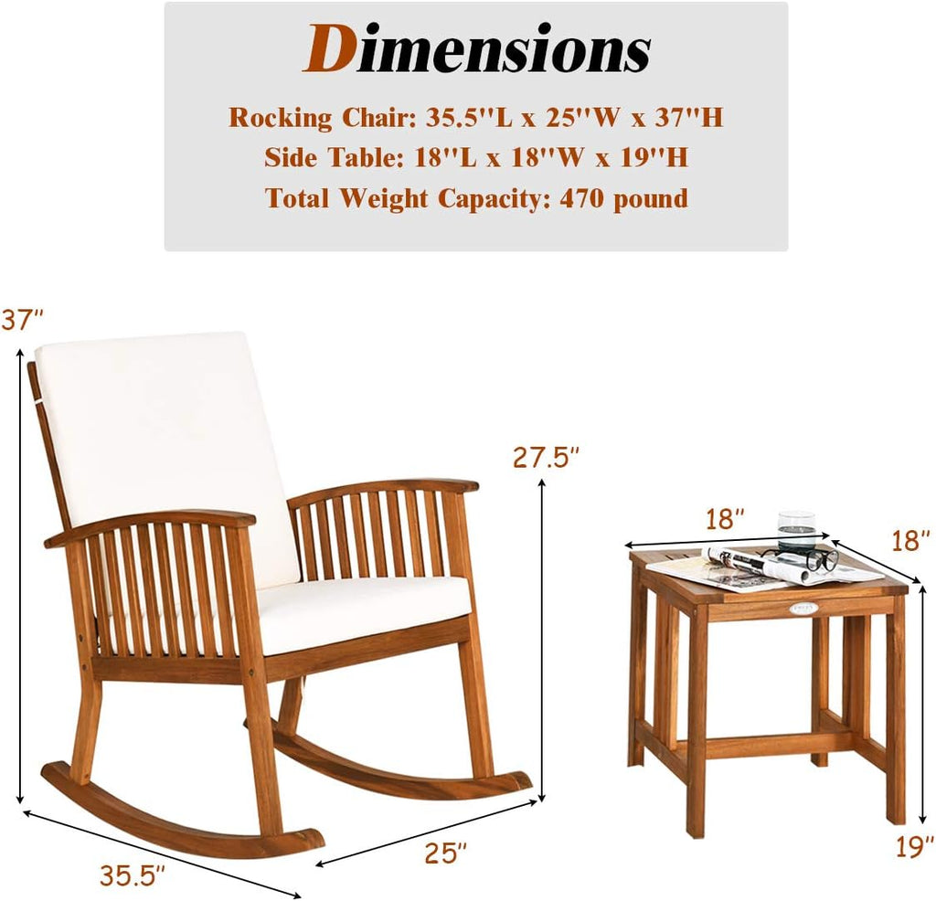 Tangkula Acacia Wood Patio Bistro Set, Outdoor Rocking Chair with Table, Porch Rocker with Thick Cushion of Detachable Cover, Porch Rocking Chair Table Set for Outdoor Indoor Patio Backyard, Teak
