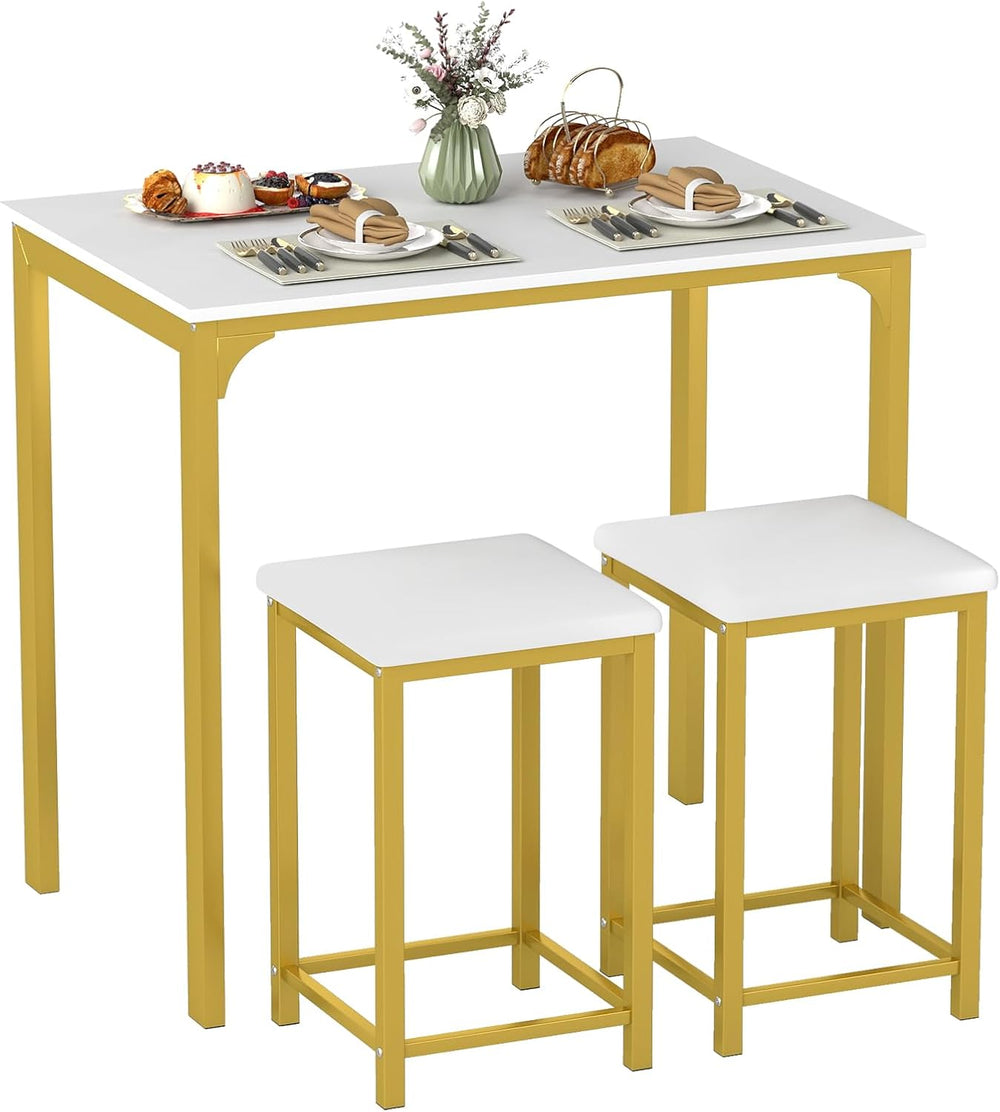 GIANTEX 3-Piece Dining Table Set for 2, Upholstered Stools (White+Gold) | Cou...