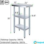 AmGood Stainless Steel Work Table with 2 Shelves | NSF | Metal Utility Table (12" Long x 24" Deep)