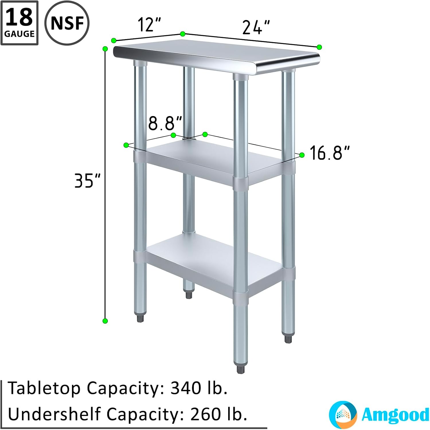 AmGood Stainless Steel Work Table with 2 Shelves | NSF | Metal Utility Table (12" Long x 24" Deep)
