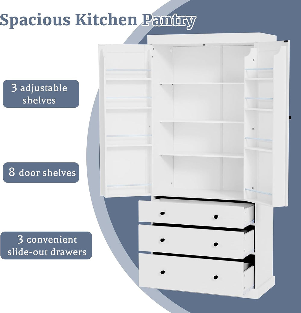 Merax 77” Pantry Cabinet, Kitchen Pantry Storage Cabinet with Drawers, Doors ...