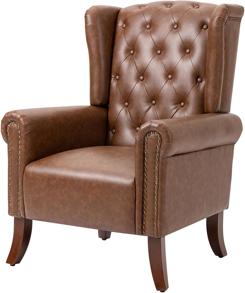 Faux Leather Accent Chair, Mid-Century Armchair Upholstered Club Sofa Chair w...