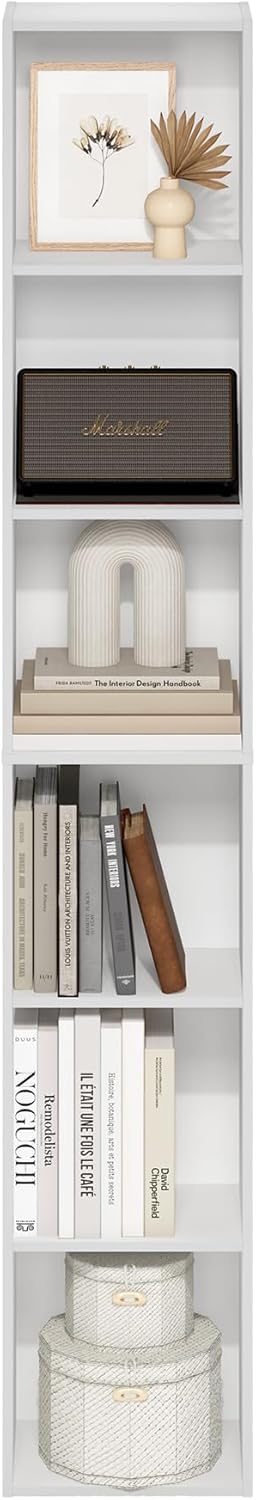 Furinno LUDER Book Shelf, 6-Tier Tall Modern Bookshelf, Bookcase with Open Shelves, 9.3 x 12 x 71, for Living Room, Bedroom, Home Office, White