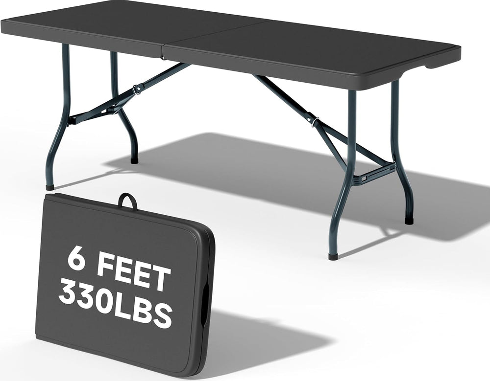 6 Foot Folding Table Black, Sturdy 330LBS Capacity, Reinforced Steel Legs, Fo...
