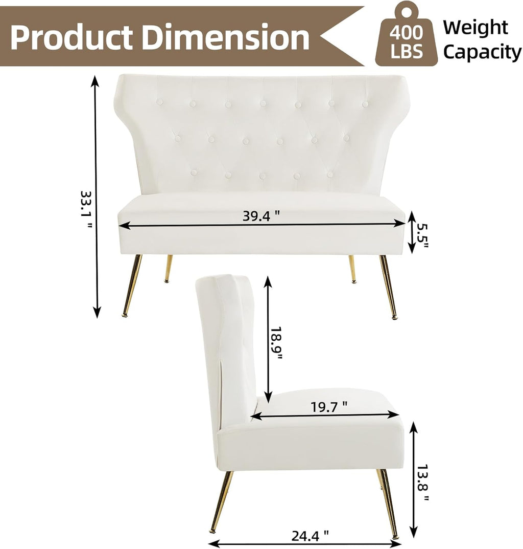 ZJhome Small White Velvet Sofa, Soft Upholstered 40’’ Armless Loveseat Couch with High Density Foam, Modern Tufted Cushion with Gold Legs for Bedroom, Dorm, Apartment, Girls, Teens, Easy Assembly