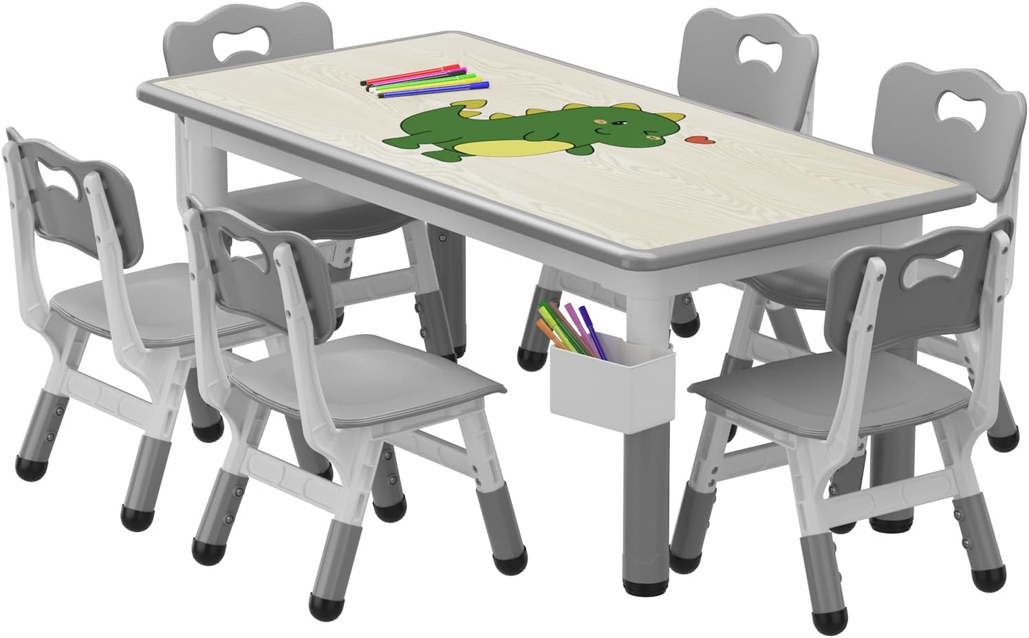 IDEALHOUSE Kids Table and 6 Chairs Set, 47" l x 24" w Height Adjustable Toddler Activity Table with Storage Boxes & 12 Water Pens, Wipe-Clean Wood Grain Desktop for Home Classroom Daycare Gray