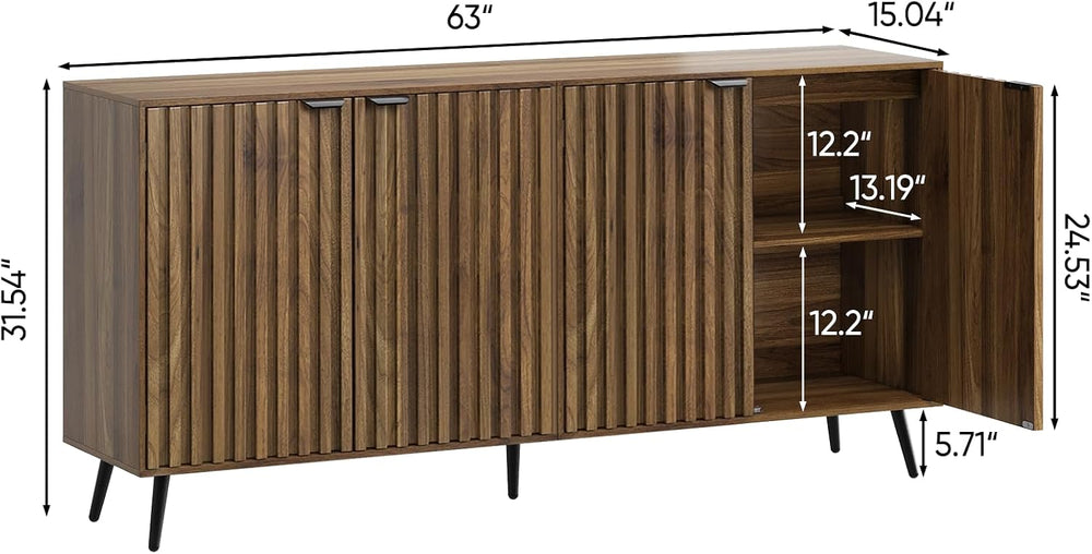 Smuxee 63" Fluted Sideboard Cabinet, Freestanding Walnut Buffet Cabinet ...