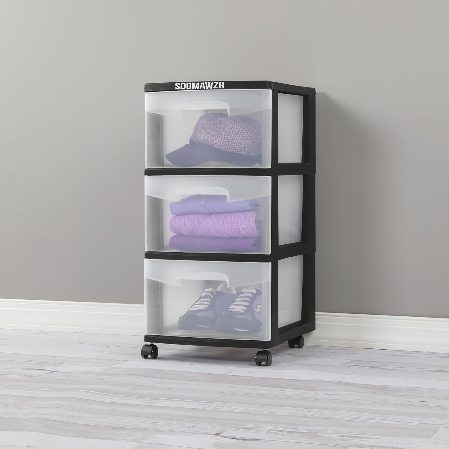 3-Drawer Plastic Cart with Clear Drawers & Removable Wheels - Space-Saving Home/Office/Dorm Organizer for Craft Supplies, Office Essentials & Bedroom Items (Black)