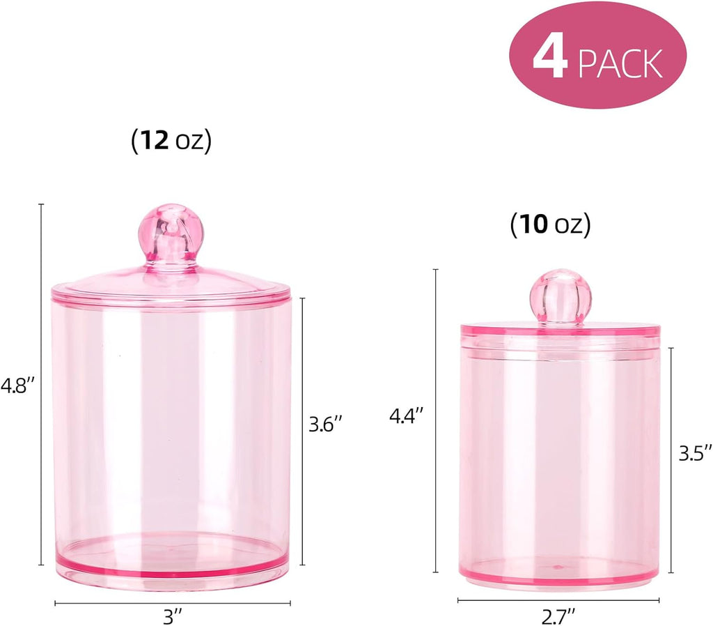 Tbestmax 12 oz & 10 oz Qtip Holder - 4 Pack Restroom Bathroom Organizers and Storage Containers, Pink Plastic Apothecary Jars with Lids for Cotton Swab, Cotton Round Pads, Floss