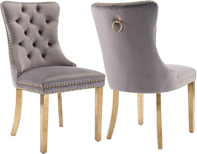 Grey Velvet Dining Chairs Set of 2, Upholstered Dining Room Chairs with Back Ring Pull Trim and Golden Stainless Steel Legs,Modern Kitchen Chairs for Dining Room,Living Room,Kitchen(Grey)