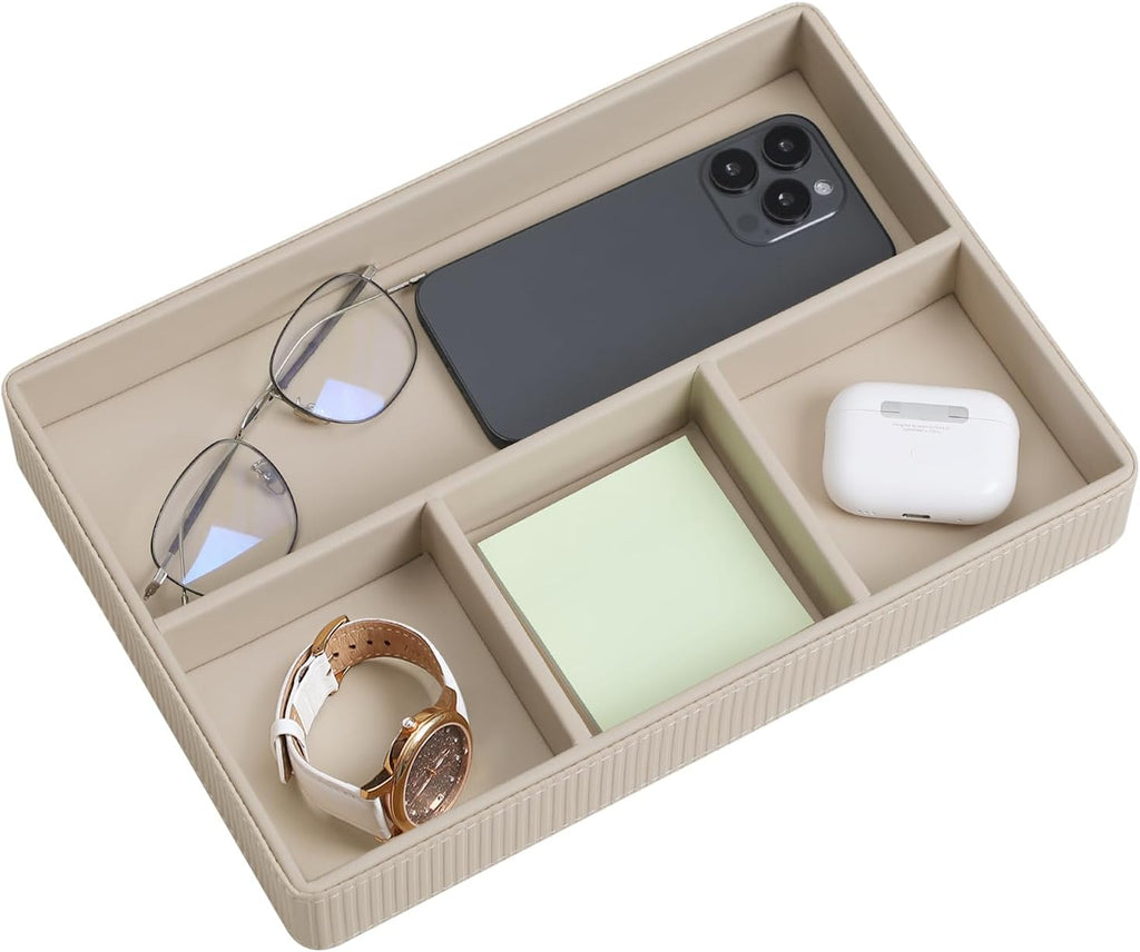 PU Leather Valet Tray, Decorative Trinket Vanity Desk Drawer Organizer Tray, Perfume Dish Catch All Bowl for Keys, Nightstand Drawer Organizer Women Men with 4 Compartments (Beige)