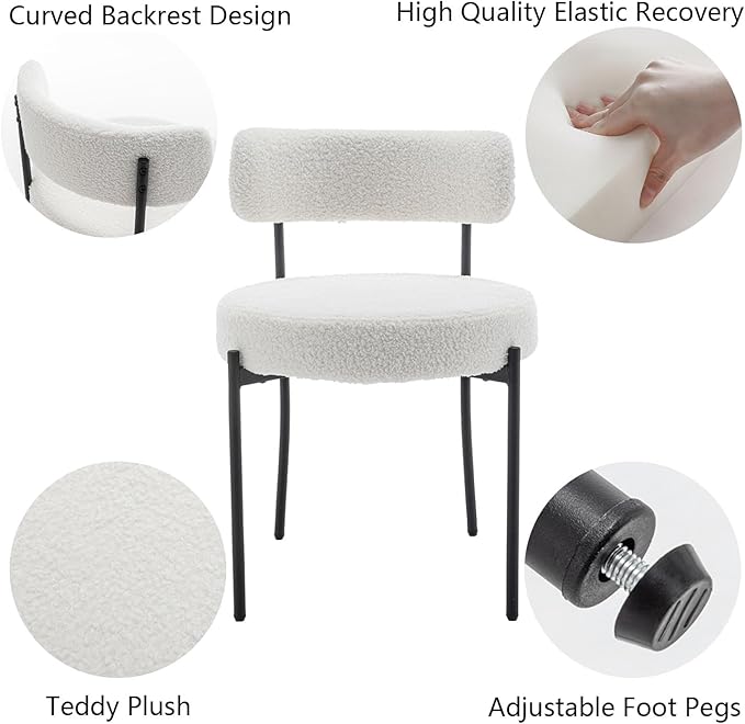 White Boucle Dining Chairs Set of 2, Upholstered Dining Room Chairs with Blac...