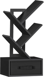 Small Book Shelf with Drawer,4 Tier Black Tree Bookshelf,Wooden Desktop Bookcase,Modern Desk Display Storage Bookshelves,Floor Standing Organizer Bookcases for Living Room,Bedroom,Office