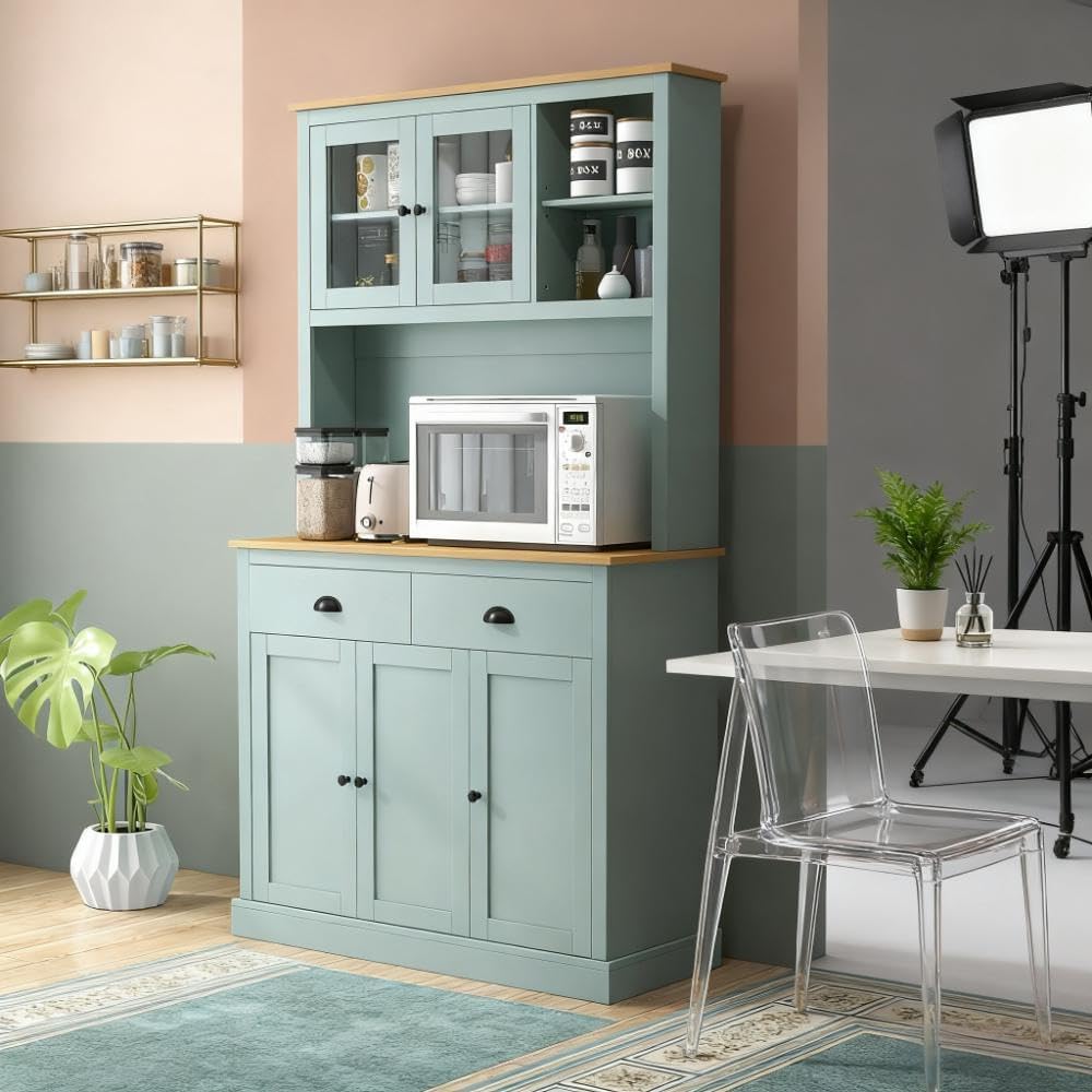 Freestanding Kitchen Pantry Cabinet with Hutch – 5-Door Storage Buffet with Glass Doors, Adjustable Shelves, Drawers, and Anti-Tip Safety Strap – Ideal for Dining Room Organization