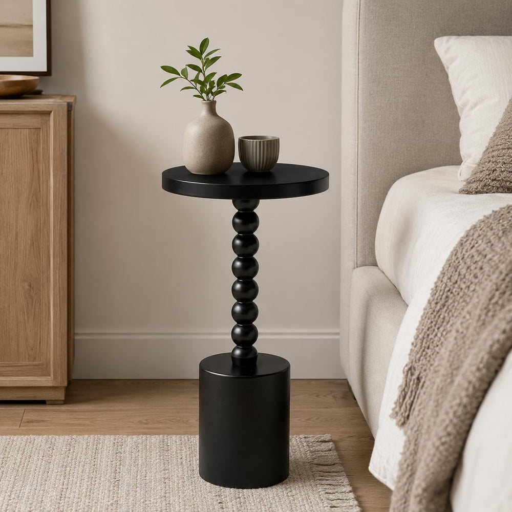 COZAYH Black Wood End Table with Round Top and Decorative Beaded Pedestal, Mo...