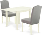 East West Furniture 1NDEN3-LWH-06 3 Piece Dining Table Set Contains a Rectangle Dinner Table with Dropleaf and 2 Dark Shitake Linen Fabric Upholstered Chairs, 30x48 Inch, Linen White