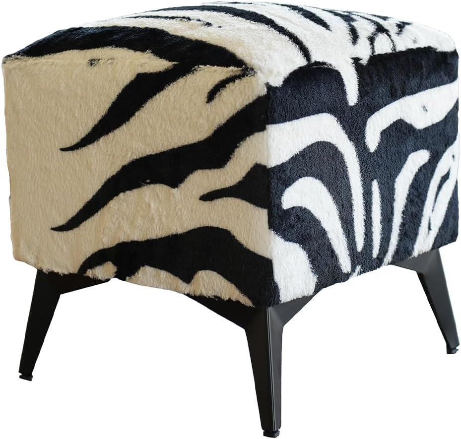 Zebra Print Velvet Ottoman, Plush Upholstered Footstool, Western Style | 16x1...