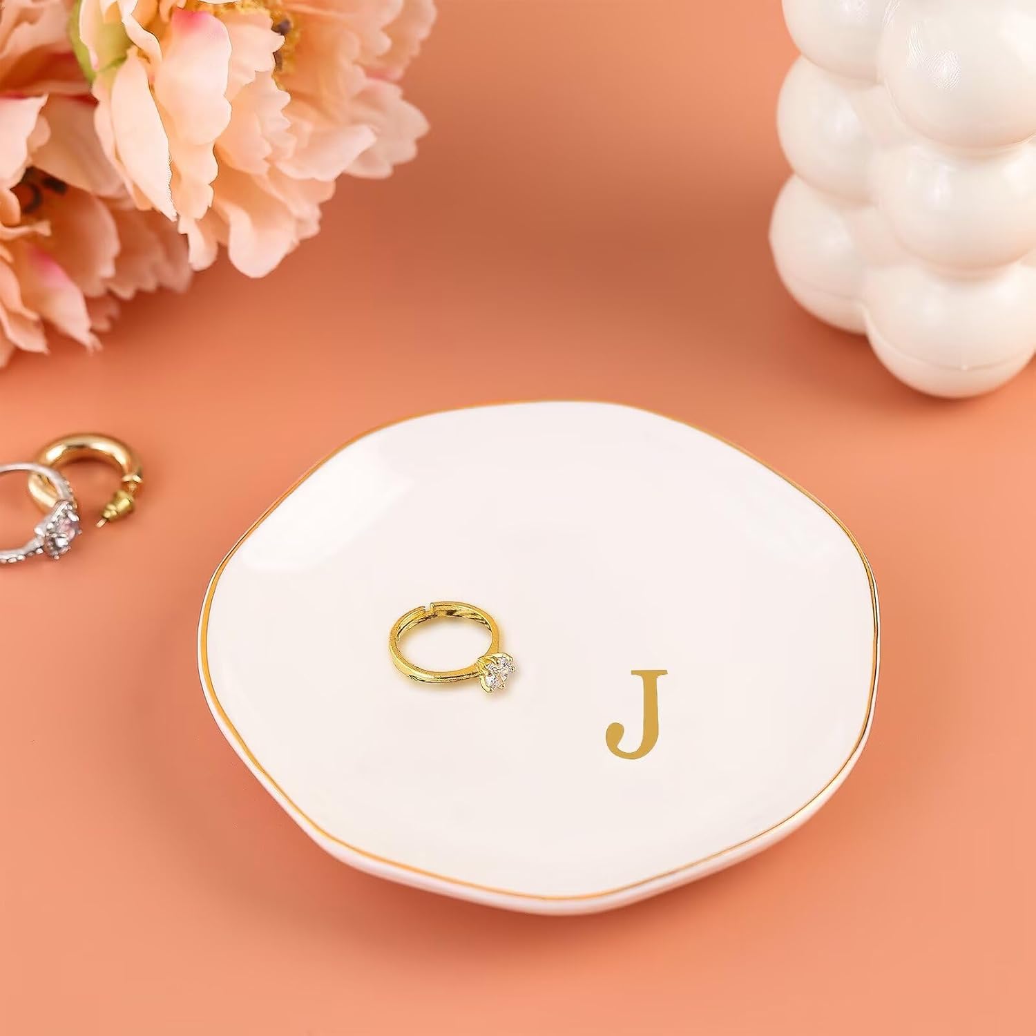 Ceramic Jewelry Tray, Personalized Initial Ring Dish, Elegant Trinket Tray for Rings Earrings Bracelet Necklaces, White Decorative Jewelry Holder for Women Vanity, 4.5 Inch, Letter J