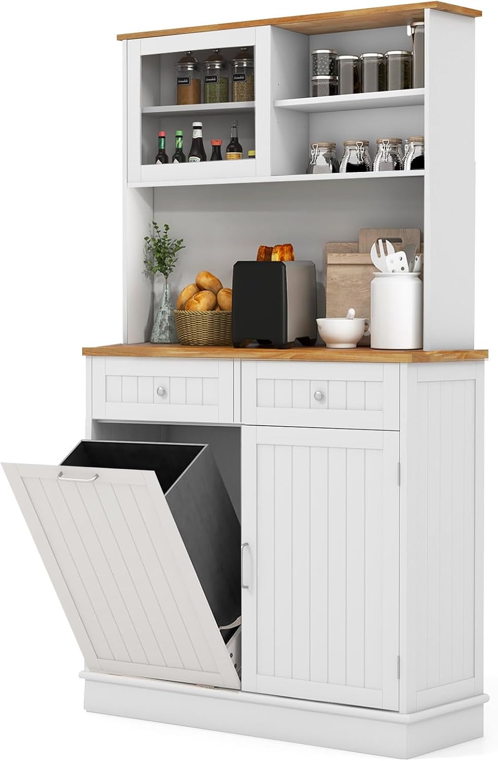 68" Tall Kitchen Pantry Cabinet, Freestanding Kitchen Hutch w/Tilt Out T...