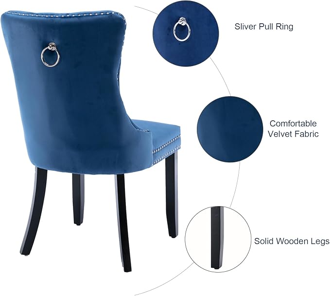 Velvet Dining Chairs Set of 6, Tufted Upholstered Dining Room Chairs with Back Ring Pull, Nailhead Trim and Solid Wood Legs, Modern Dining Chairs for Dining Room, Kitchen(Blue)