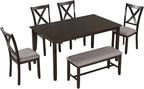 SogesPower 6-Piece Kitchen Dining Table Set for 4-6,Rectangular Dining Table with 4 Fabric Chairs & 1 Bench for Dining Room Living Room,Espresso