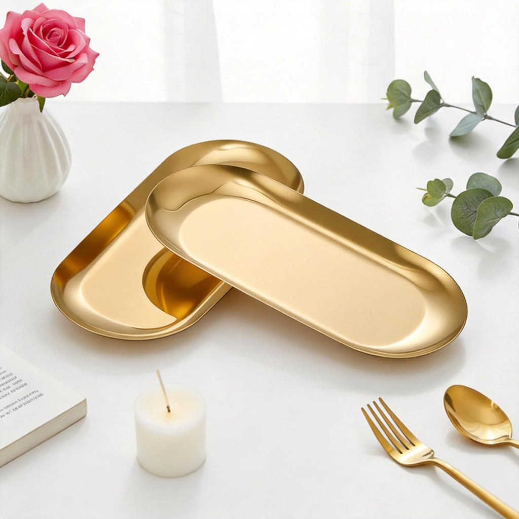 Vaincre Gold Decorative Jewelry Tray - 2PCS Stainless Steel Oval Trinket Ring Holder Dish, 7” Small Bathroom Vanity Kitchen Jewelry Plate Tray Decor for Storing Perfumes, Cosmetics, Candles, Key