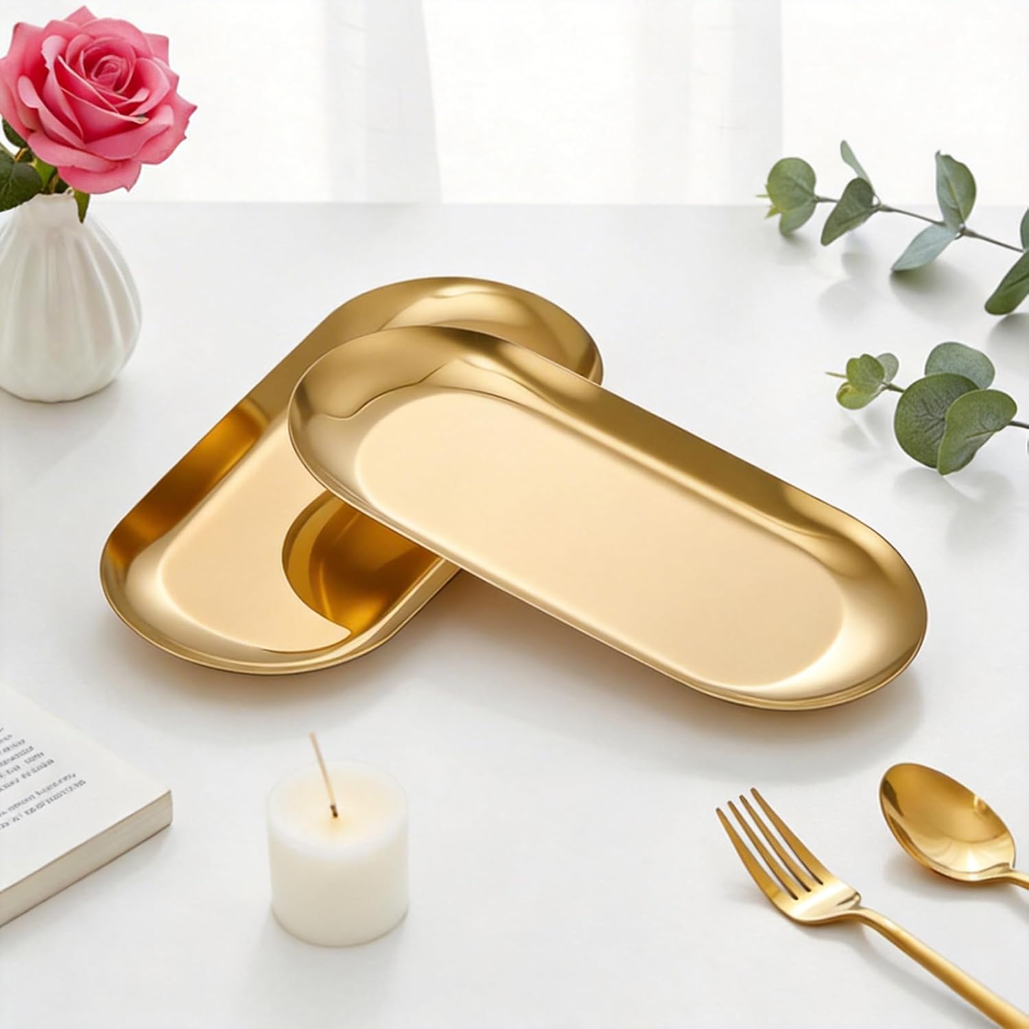 Vaincre Gold Decorative Jewelry Tray - 2PCS Stainless Steel Oval Trinket Ring Holder Dish, 7” Small Bathroom Vanity Kitchen Jewelry Plate Tray Decor for Storing Perfumes, Cosmetics, Candles, Key