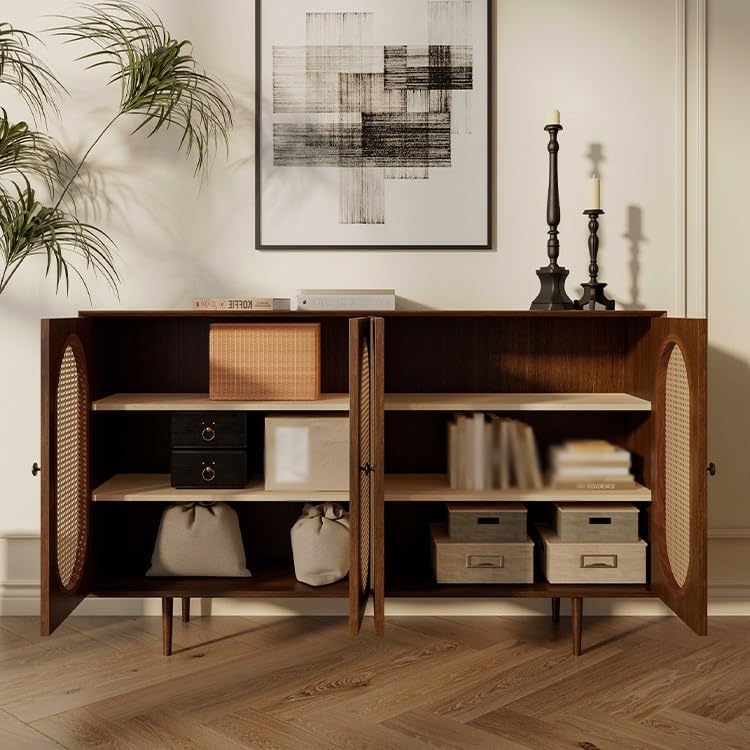 Entryway Cabinet Retro Rattan Sideboard Wall Kitchen Storage Cabinet Modern R...