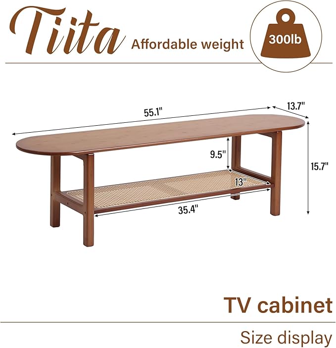 Tiita TV Stand with Storage for TV up to 65 inch, Bamboo Rattan TV Console Entertainment Center with 2 Open Shelf, Mid Century Modern Media Console for Living Room, Bedroom, Walnut