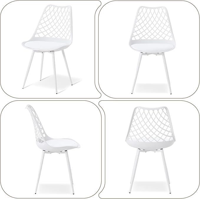 Modern Plastic Dining Chair Set of 4 - Padded Tulip Mid Century Chairs for Kitchen Living Room Mesh Design - Simple Side Chair with PU Leather Cushion for Indoor Outdoor Bistro Patio Cafes -White