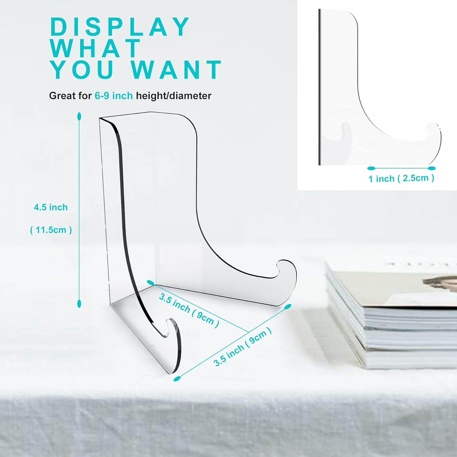 Boloyo Flat Back Acrylic Plate Display Stand , 4.5 Inch 5PC Clear Acrylic Display Holder Easel Base for Home Office Kitchen School Art Display