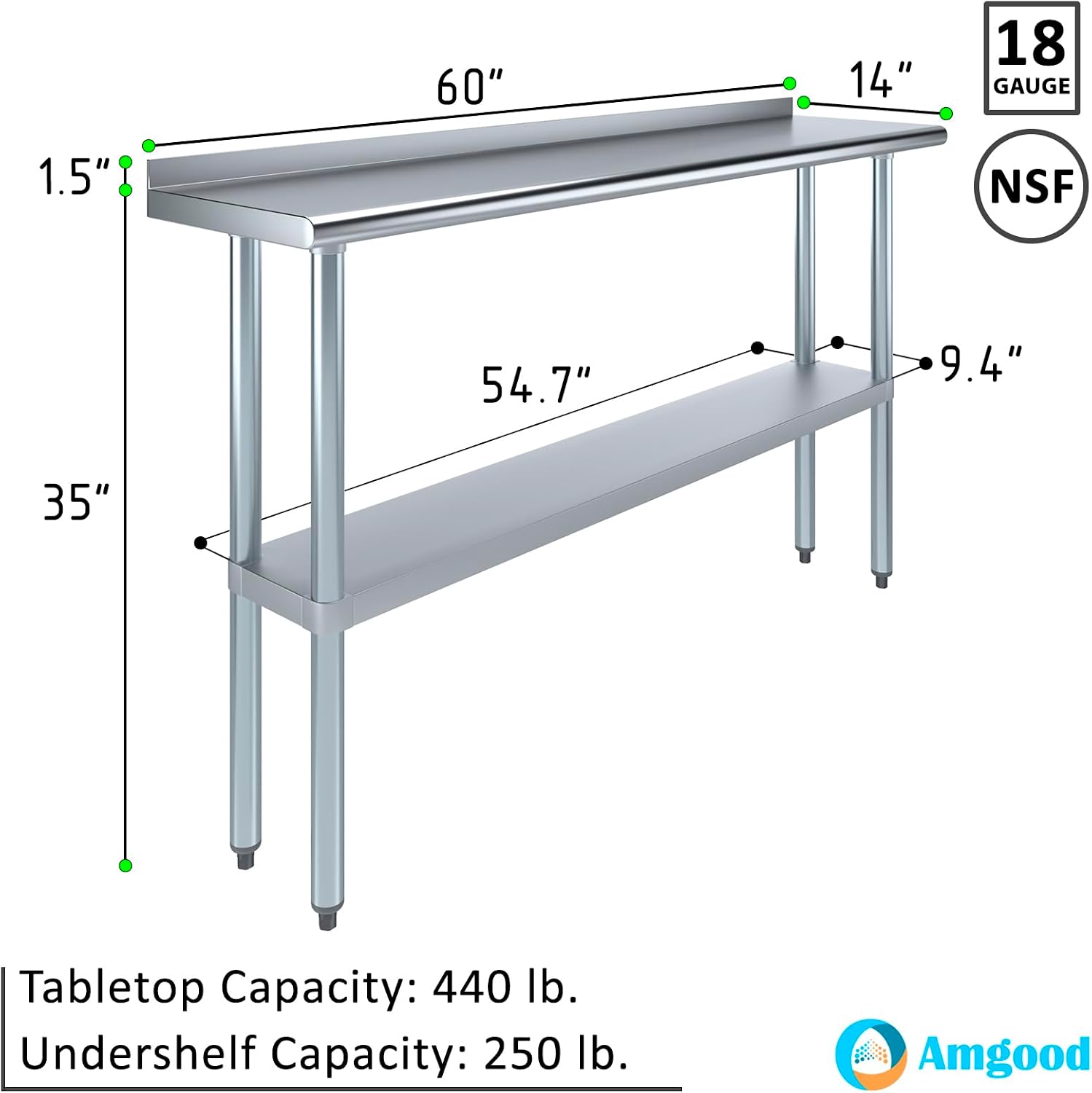 AmGood 14 in. x 60 in. Stainless Steel Work Table with 1.5 in. Backsplash | Metal Kitchen Food Prep Table