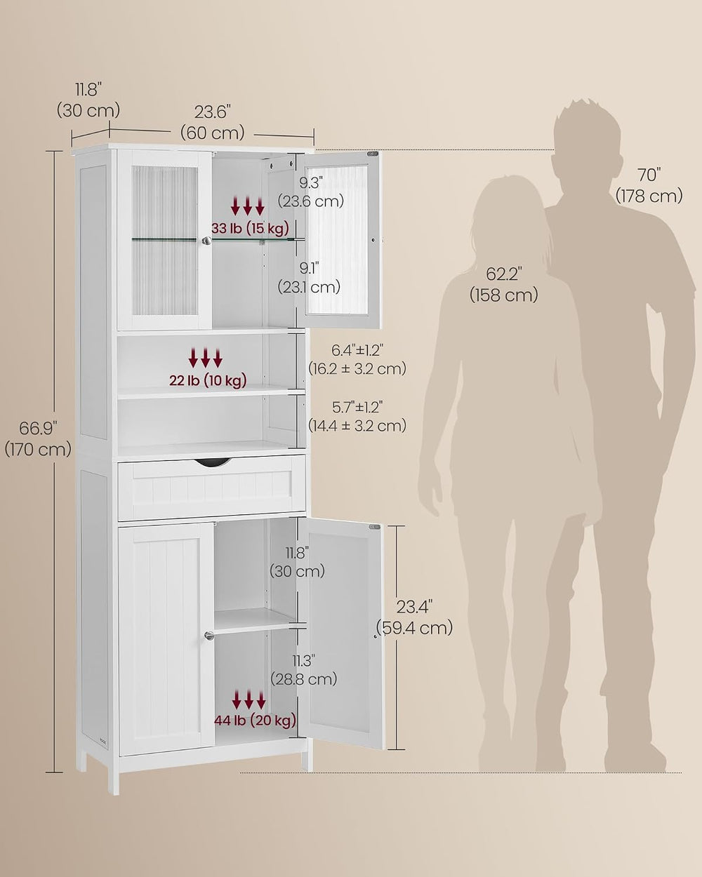 VASAGLE Storage Cabinet with LED Lights, Freestanding Storage Unit with Adjus...