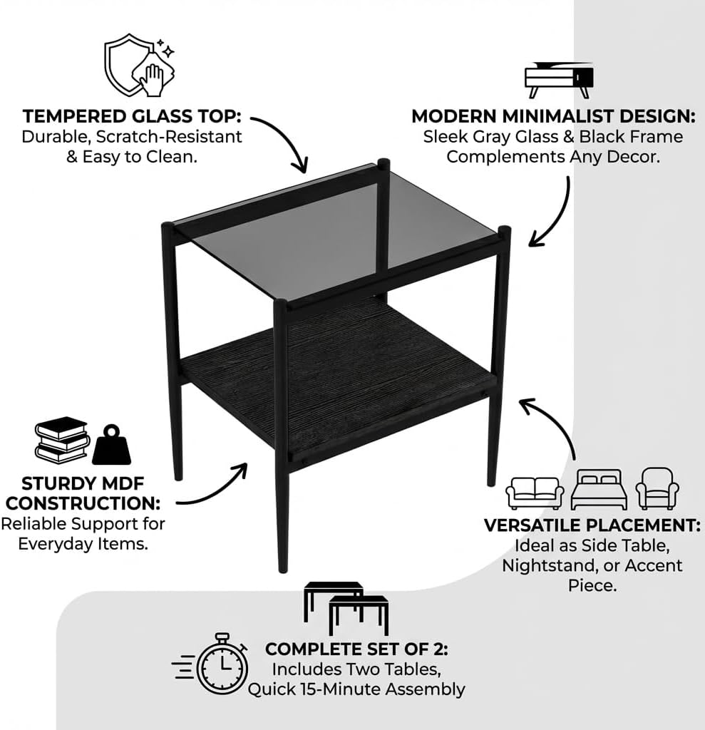 Set of 2 Rectangle End Tables, Modern Living Room Glass End Table Side Tables...