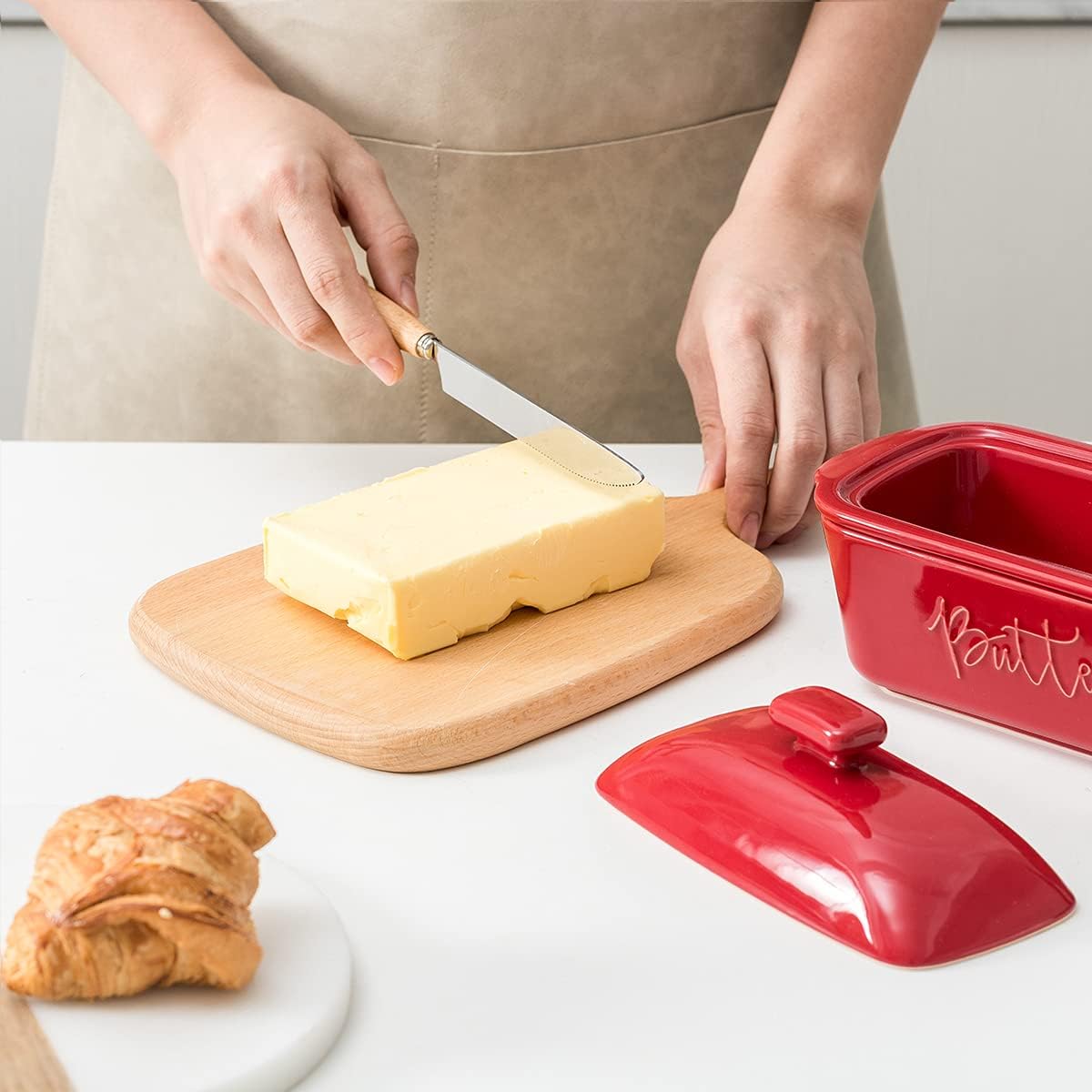FE Butter Dish, 10 oz Ceramic Butter Keeper with Water Line, French Butter Dish with Lid for Countertop (Apple Red)
