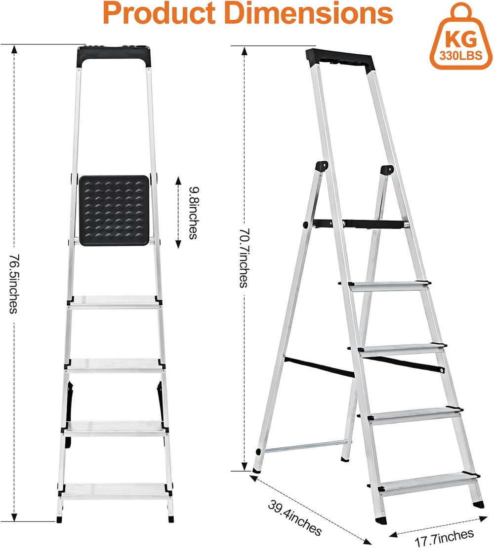 Sweetcrispy 5 Step Ladder, 330lbs Folding Step Stool with Anti-Slip Pedal