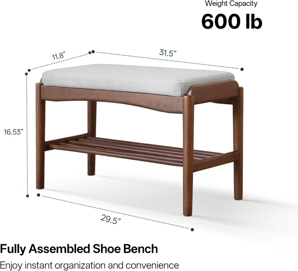 Black Walnut Shoe Bench Assembled, Solid Wood Shoe Rack Bench with Cushion fo...
