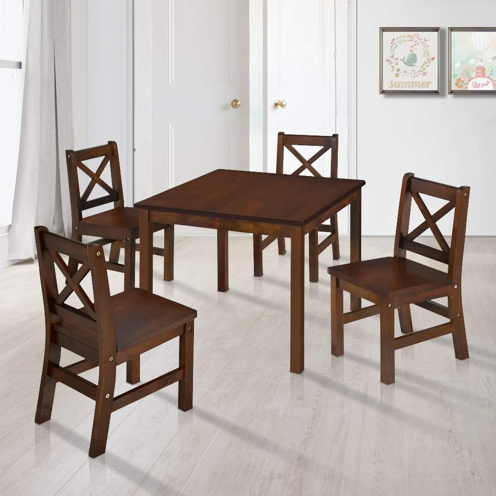 Solid Hard Wood Kids Table and Chair Set, Coffee, 5 Piece | 4 Chairs Included, Rubberwood