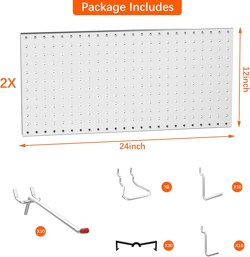 TORACK Metal Pegboard Wall Tool Organizer 24" x 24" or 12" x 48", 70 PCS Tools Storage Pegboard for Garage Peg Board Tool Organizer Board with Hooks for Workbench(Grey)