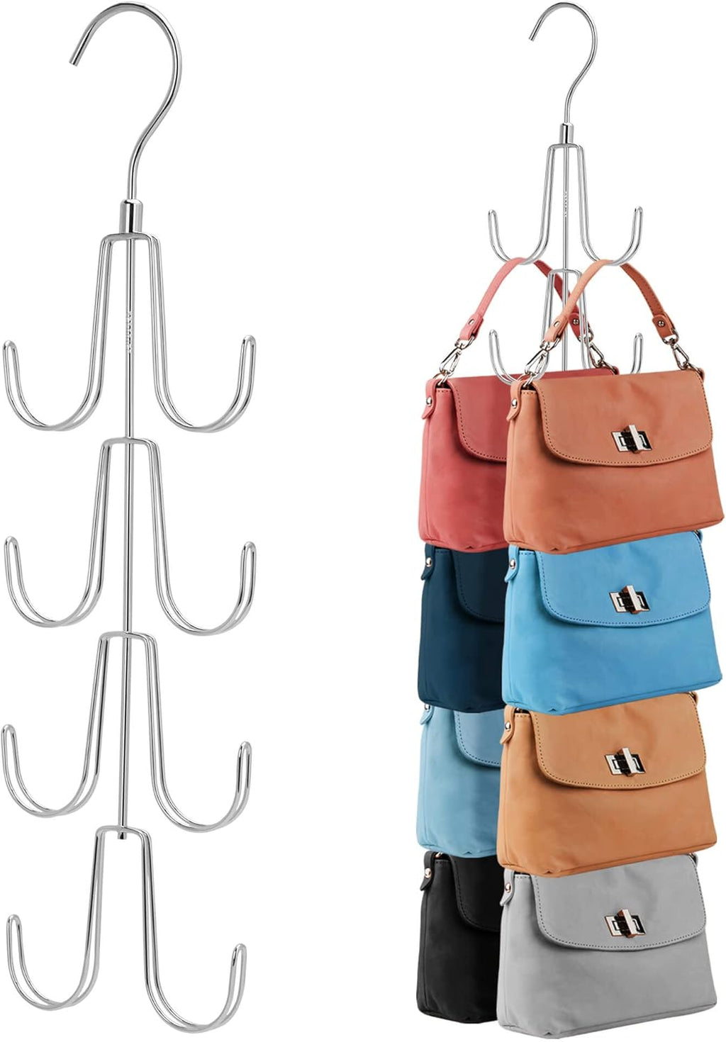 ZEDODIER 2 Pack Purse Organizer for Closet, Rotatable Purse Hanger Bag Holder, Max 16 Storage Capacity Backpack Rack, Metal Space Saving Hanger, Silver