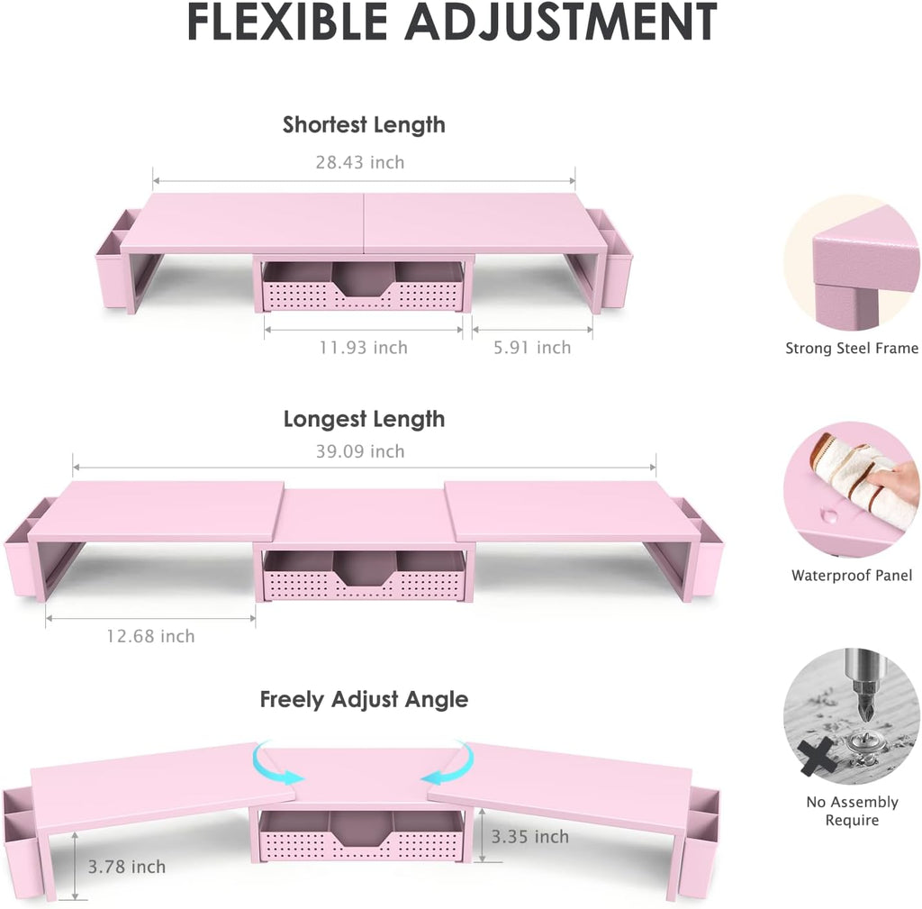 OPNICE Pink Desk Organizers and Accessories for Women, Dual Computer Monitor Stand Riser with Drawer and 2 Pen Holders, Office Desk Accessories, Workspace Desktop Organization for Office Supplies